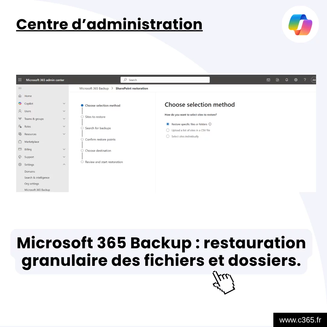 Microsoft 365 Backup : restauration granulaire des fichiers et dossiers.