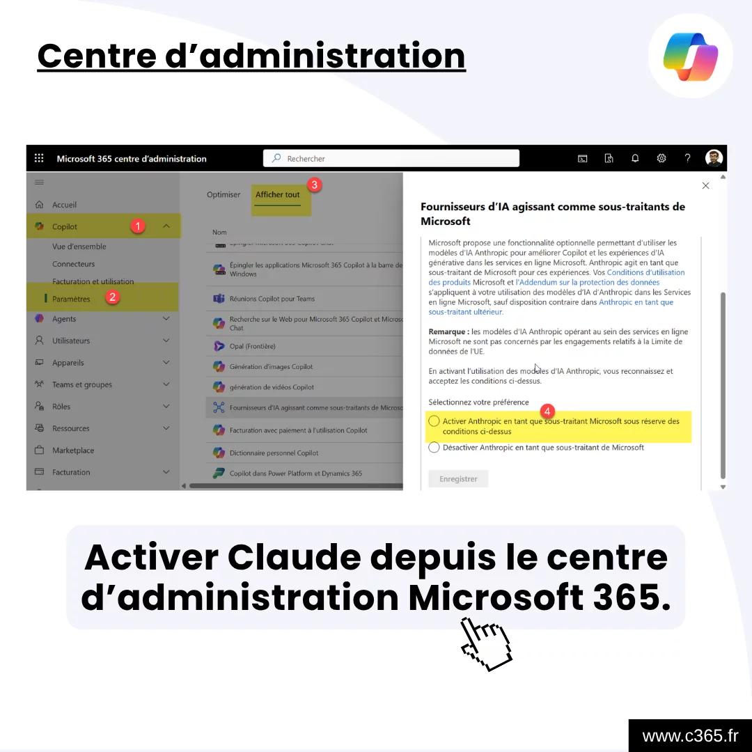 Activer Claude depuis le centre d’administration Microsoft 365.