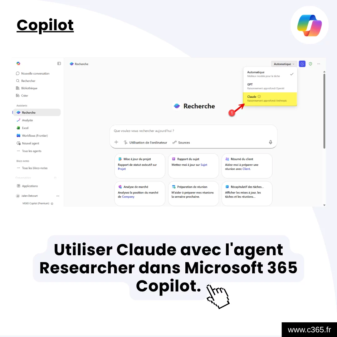 Utiliser Claude avec l'agent Researcher dans Microsoft 365 Copilot.