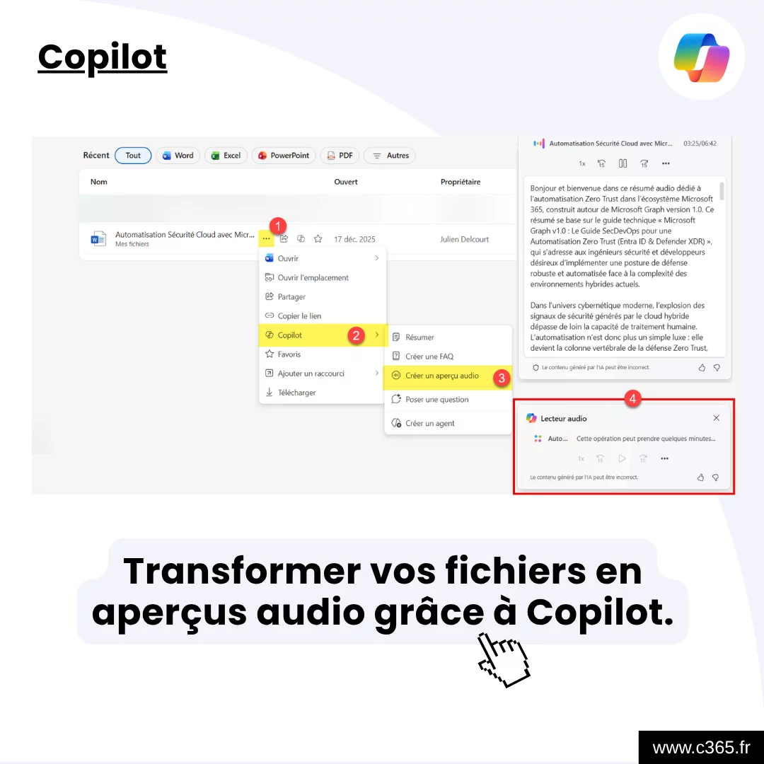 Transformer vos fichiers en aperçus audio grâce à Copilot.