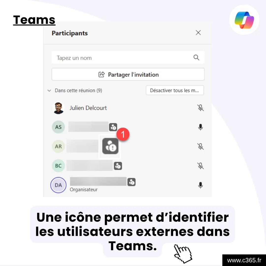 Une icône permet d’identifier les utilisateurs externes dans Teams.