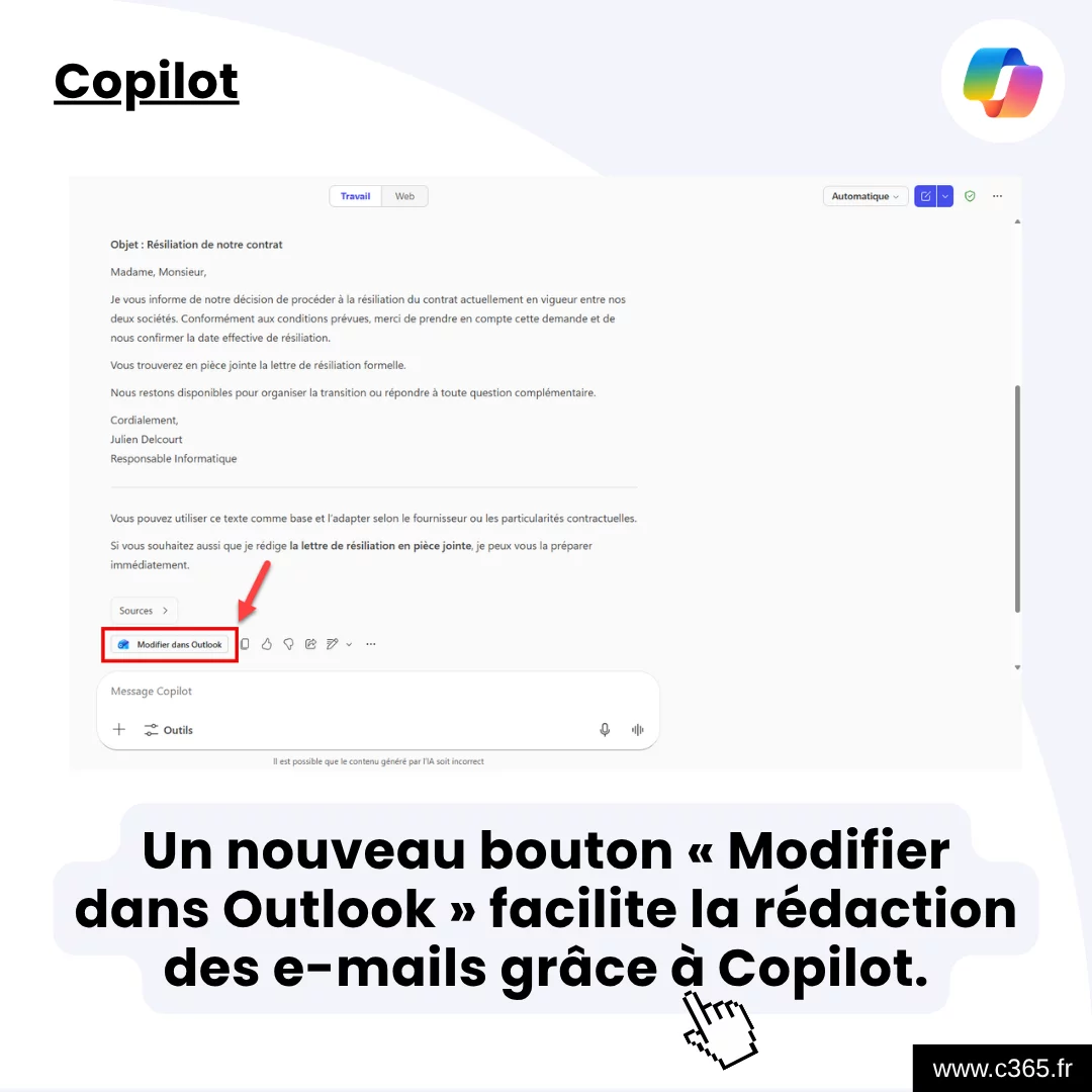 Un nouveau bouton « Modifier dans Outlook » facilite la rédaction des e-mails grâce à Copilot.