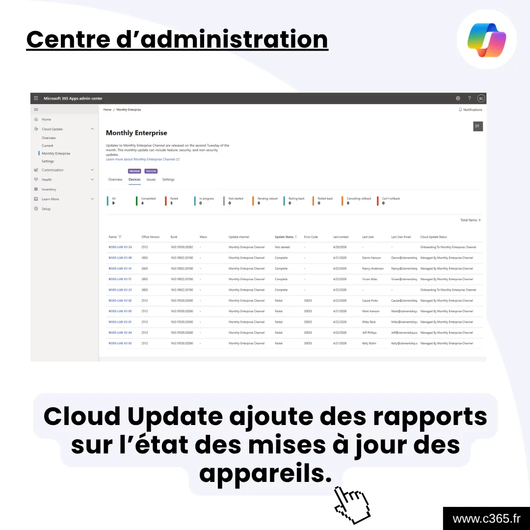 Cloud Update ajoute des rapports sur l’état des mises à jour des appareils.