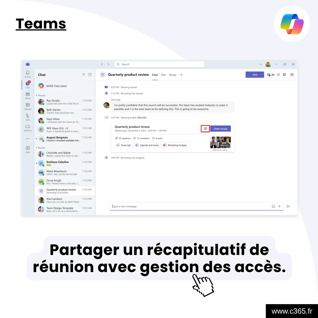 Partager un récapitulatif de réunion avec gestion des accès.