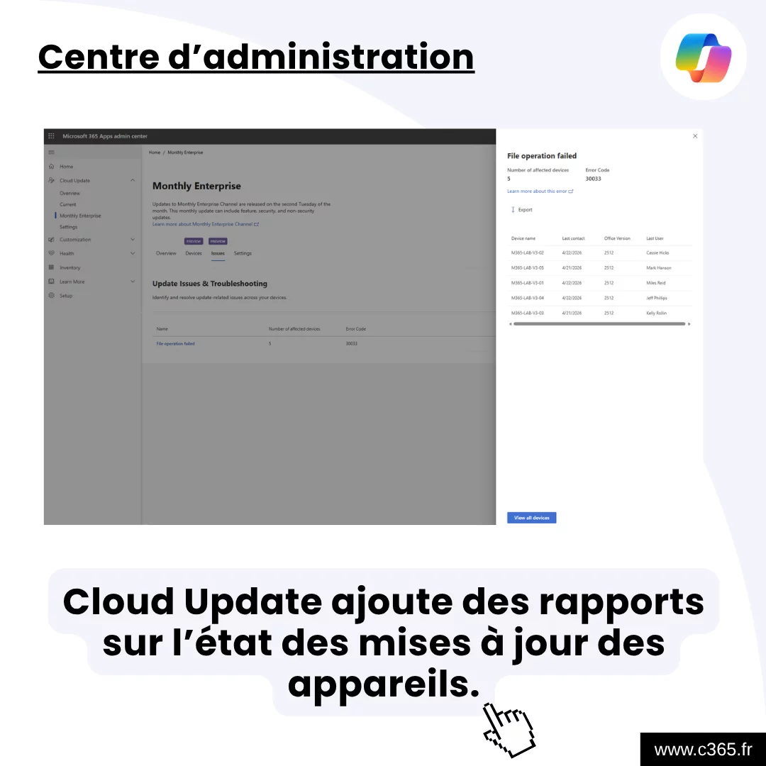 Cloud Update ajoute des rapports sur l’état des mises à jour des appareils.