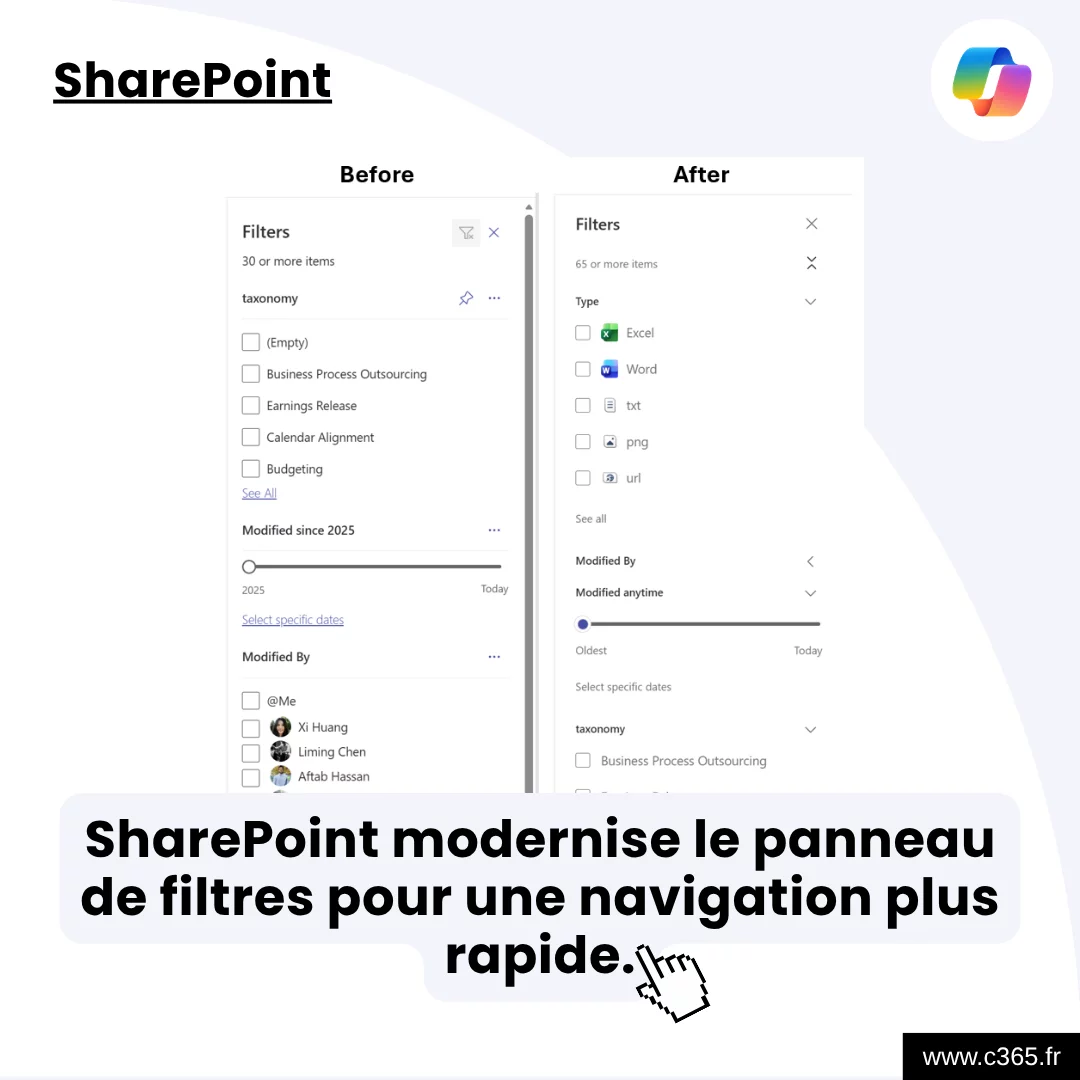 SharePoint modernise le panneau de filtres pour une navigation plus rapide.
