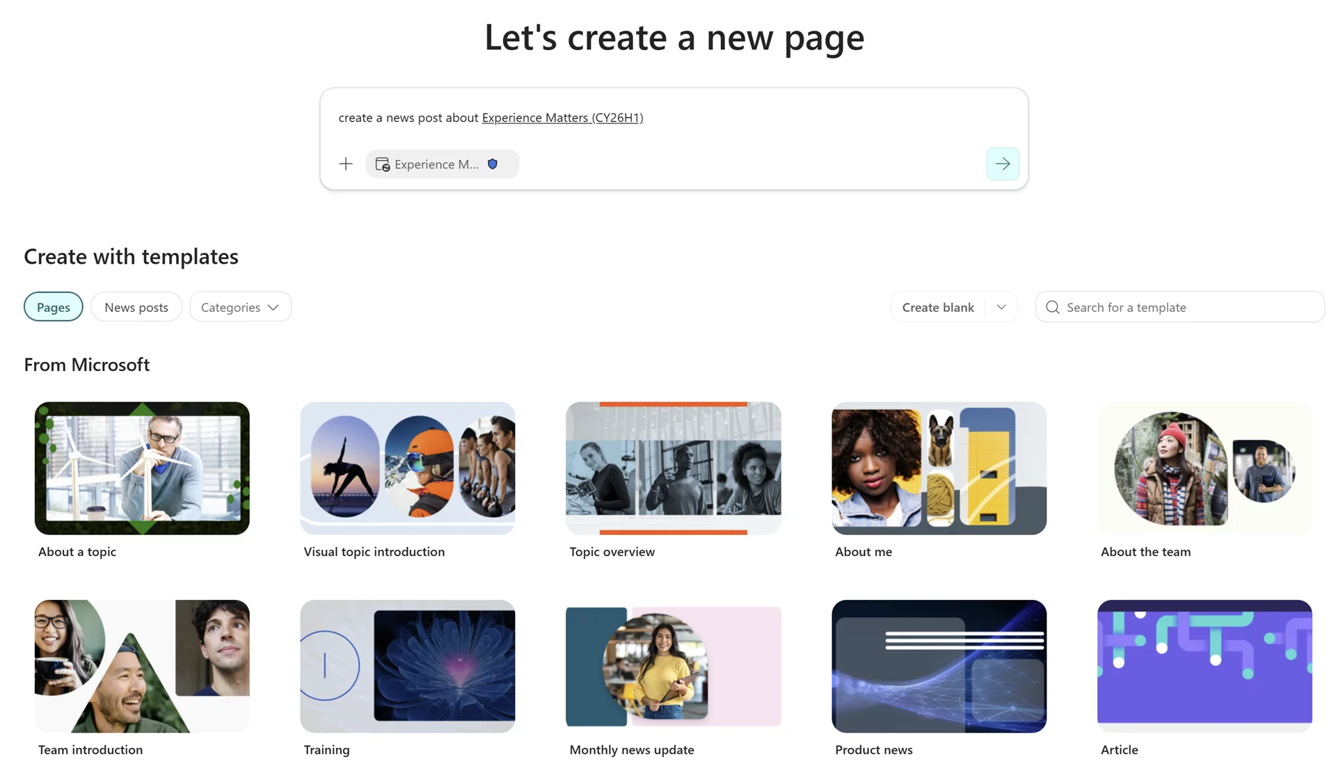 Nouveaux points d'entrée pour créer des pages avec l'IA dans SharePoint.