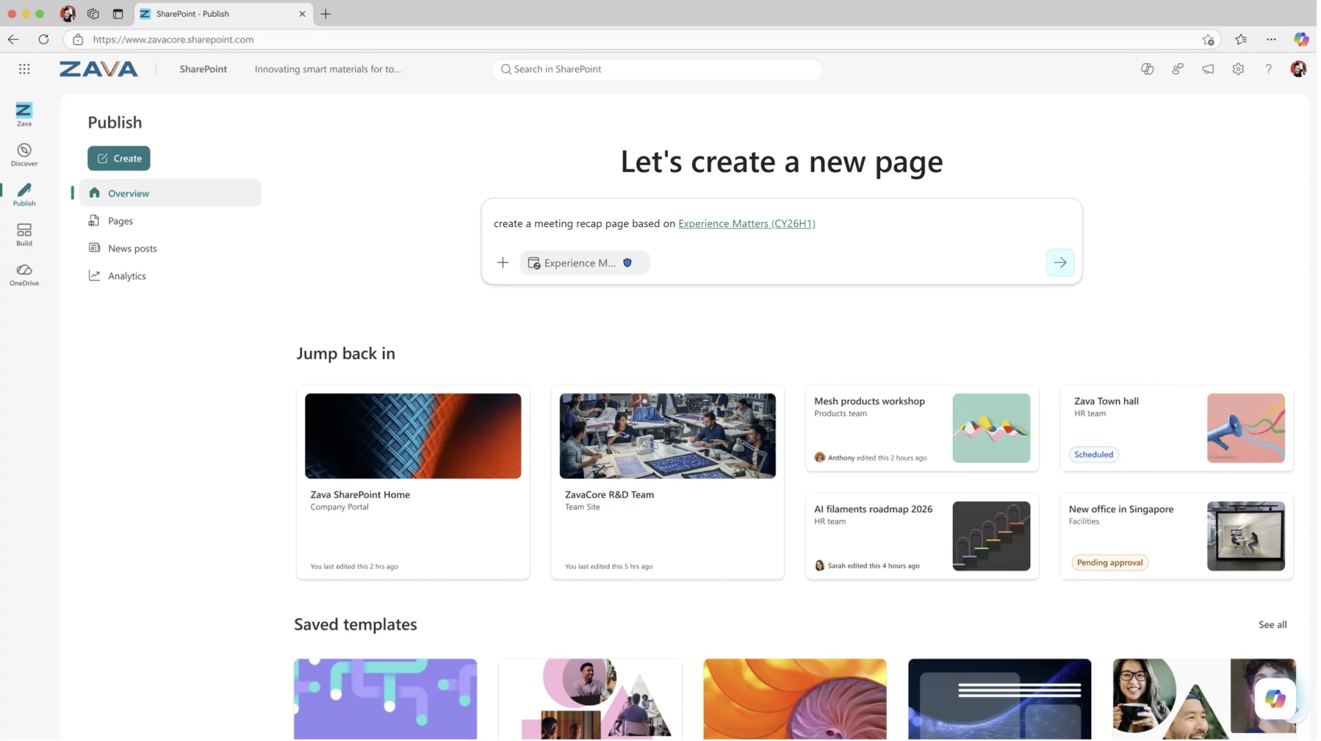 Nouveaux points d'entrée pour créer des pages avec l'IA dans SharePoint.
