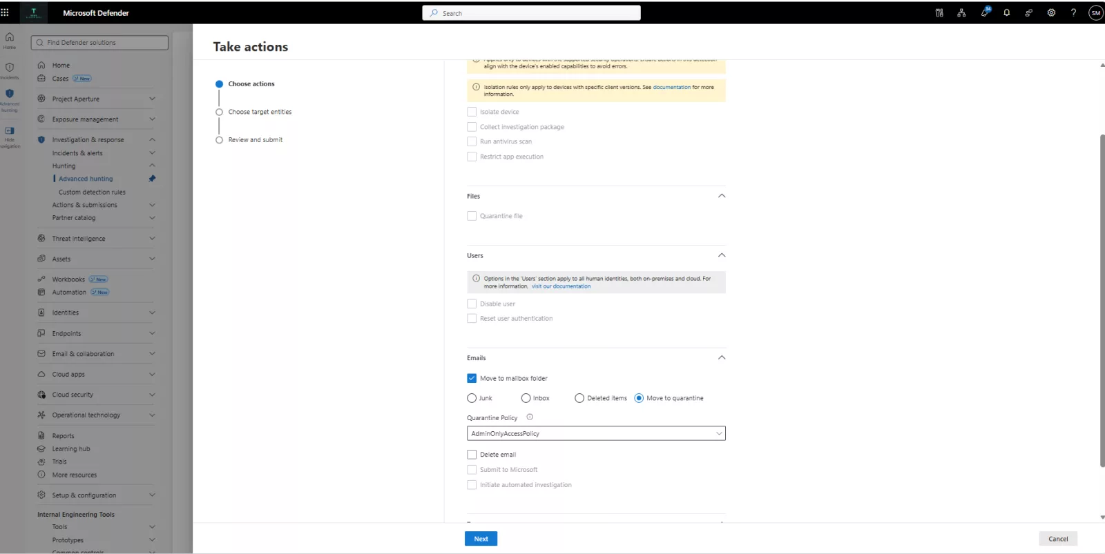 Capture illustrant « Defender permettra de mettre en quarantaine les e-mails déjà reçus »